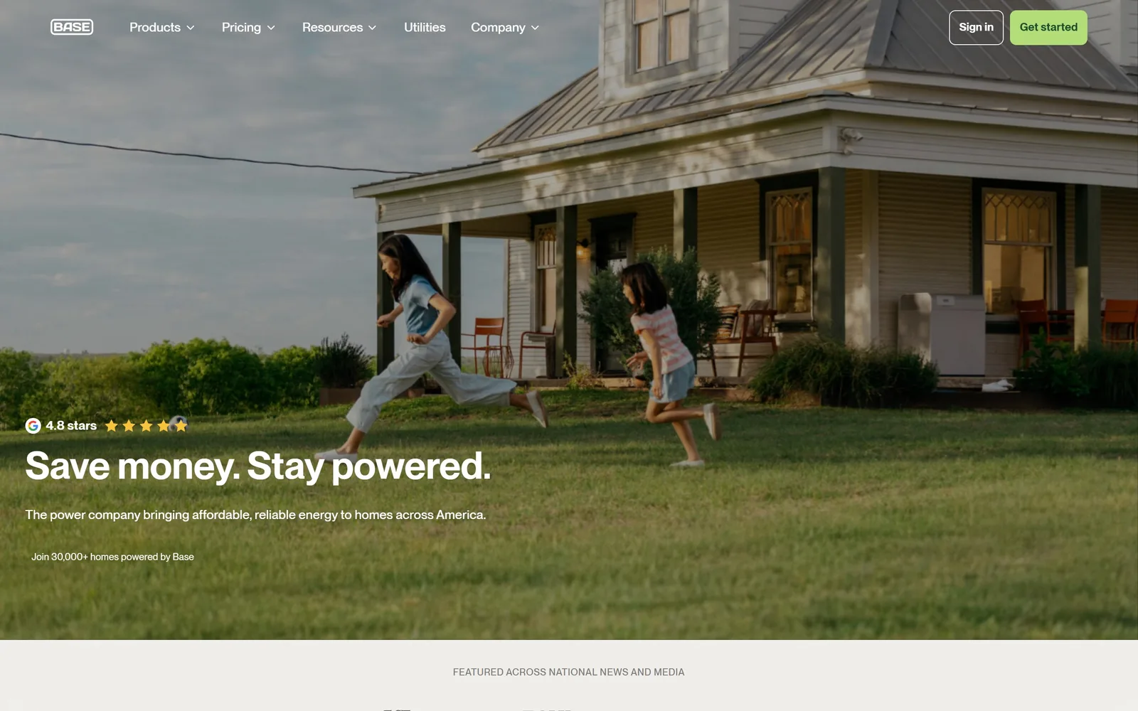 basepowercompany.com, electrician website design: a farmhouse at golden hour, two kids mid sprint