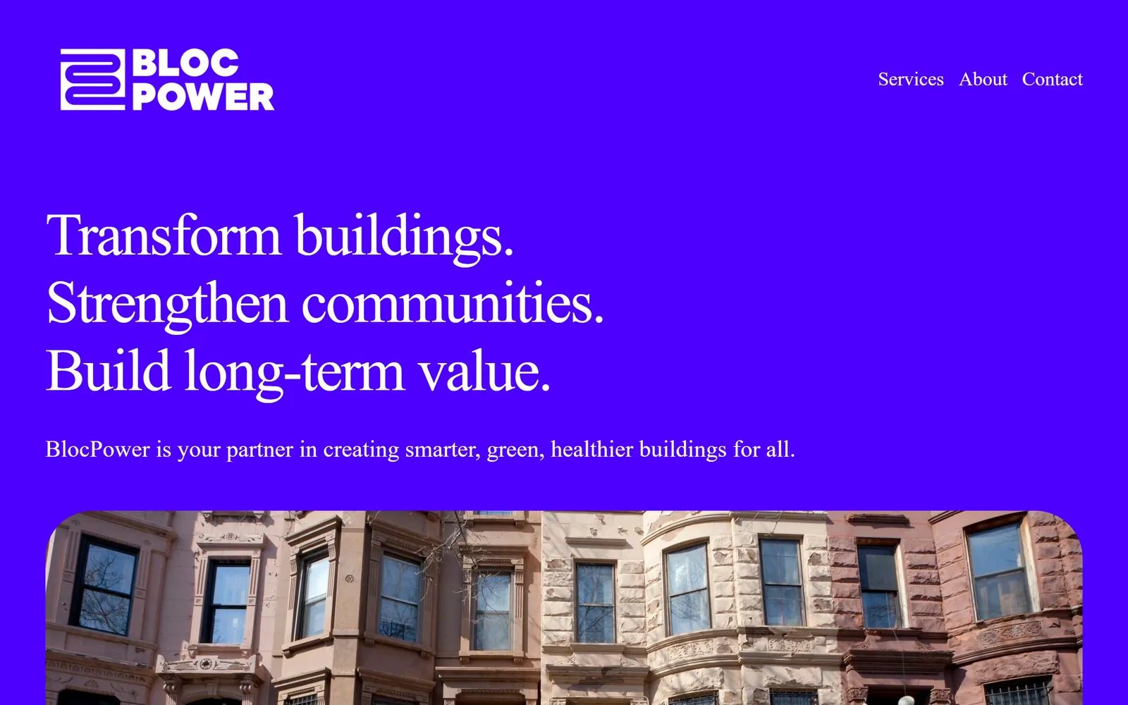 blocpower.io, electrician website design: an electric violet field with a serif headline, and not a bolt