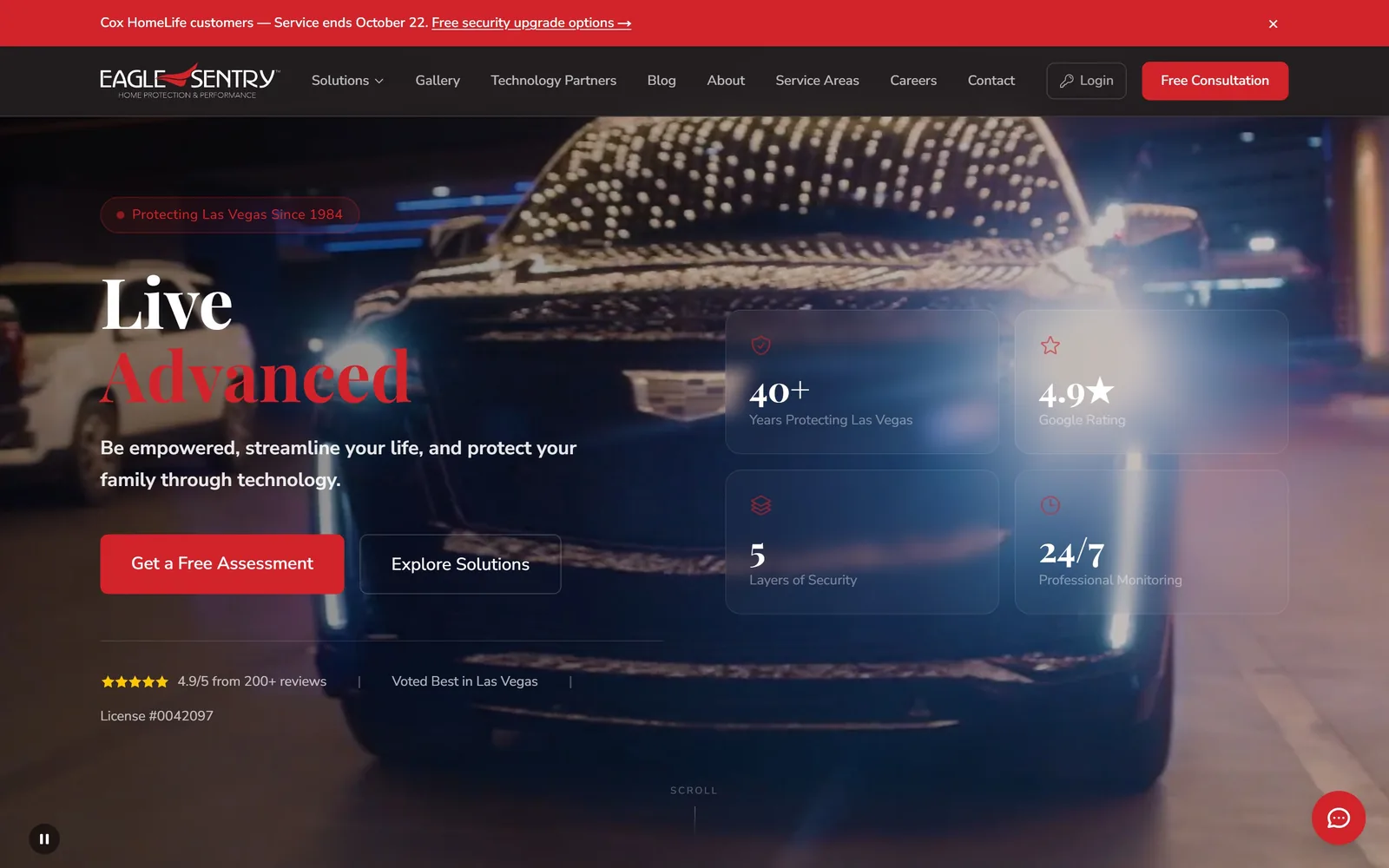 eaglesentry.com, electrician website design: live in white, Advanced in red serif underneath