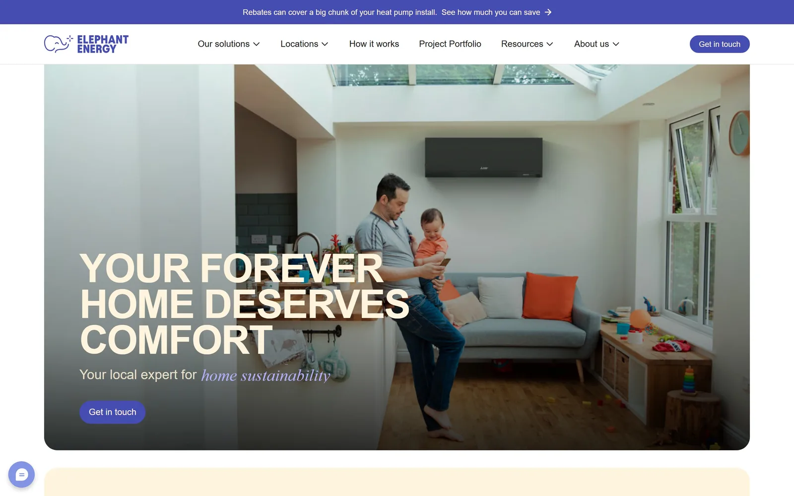 elephantenergy.com, electrician website design: condensed cream capitals three lines deep over a living room