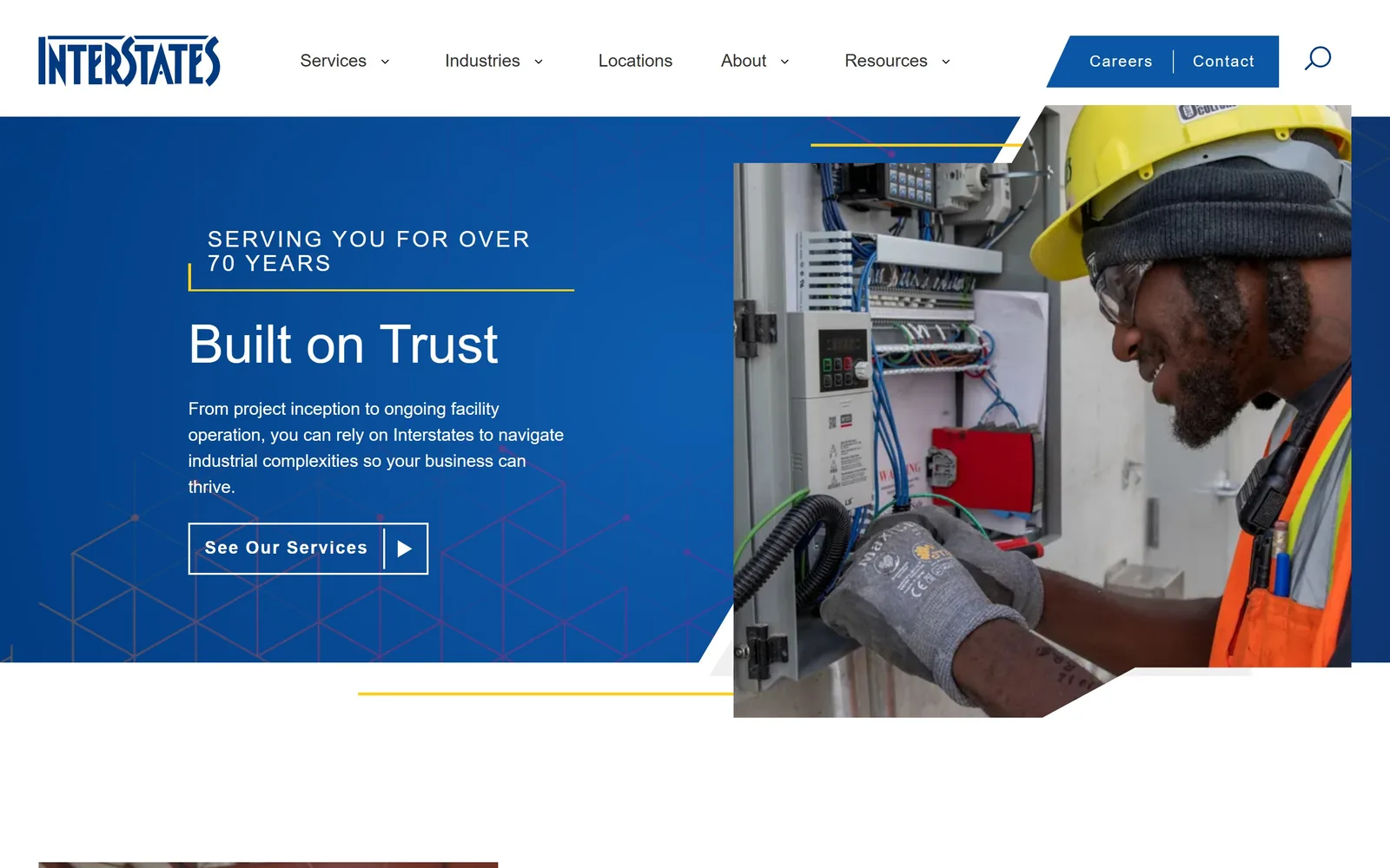 interstates.com, electrician website design: blue and yellow, the trade's default pairing