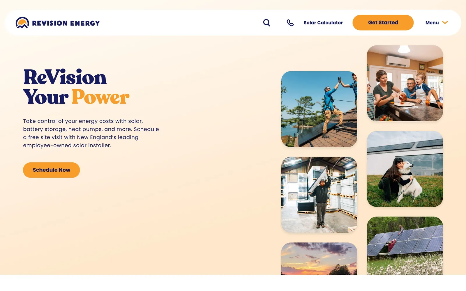 revisionenergy.com, electrician website design: navy slab serif on apricot, one word flipped to amber
