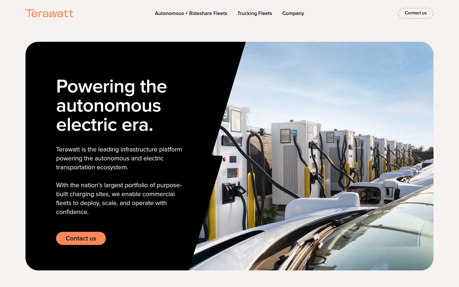 terawattinfrastructure.com, electrician website design: a black card inset on warm grey, split by a diagonal
