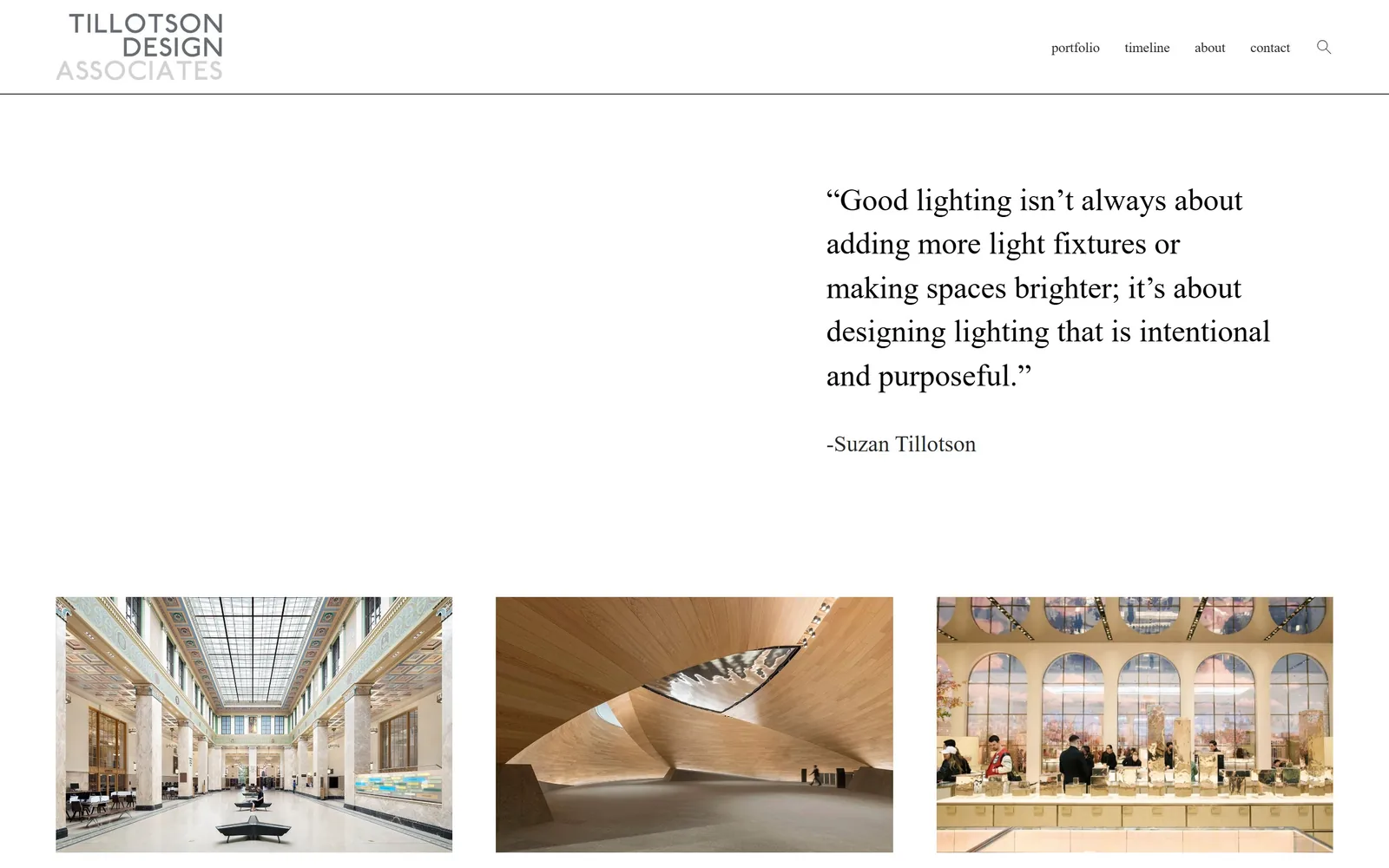 tillotsondesign.com, electrician website design: half the screen is empty. The other half holds a serif pull quote about not adding more
