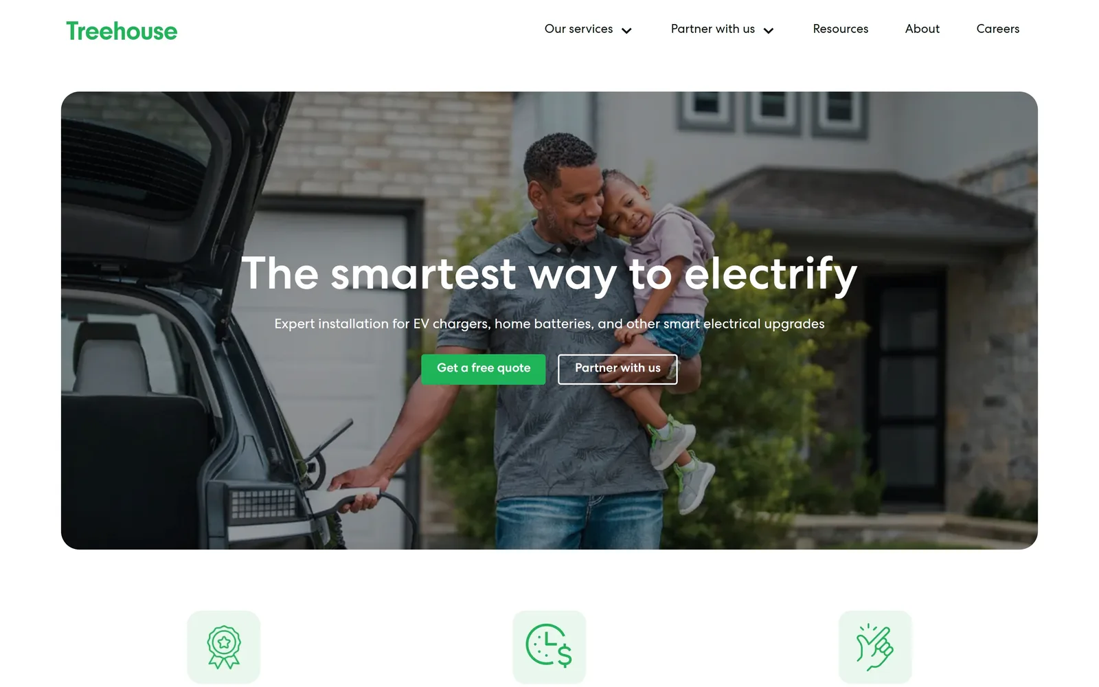 treehouse.pro, electrician website design: white rounded geometric sans over a father and daughter at an open tailgate, charger in hand