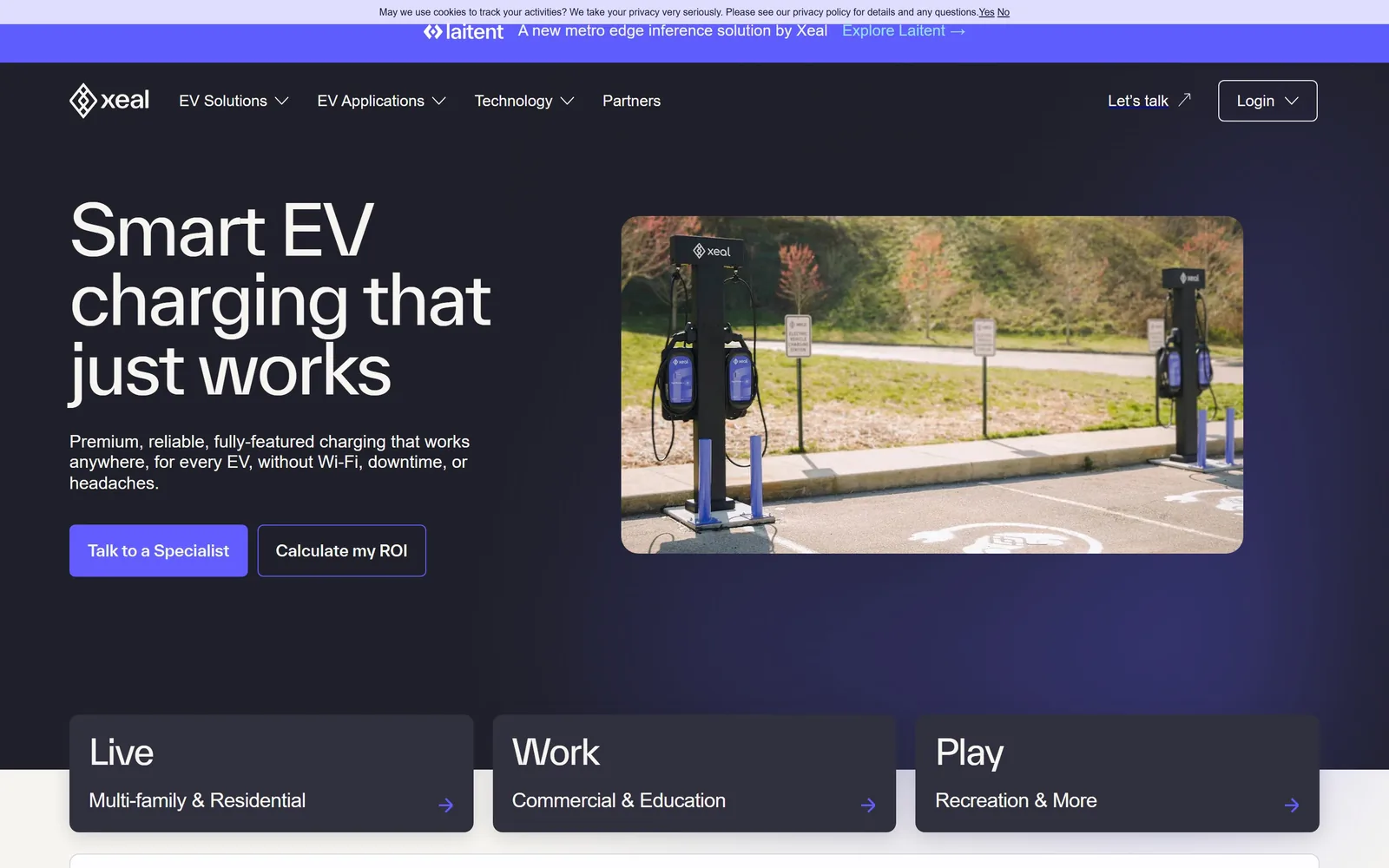 xealenergy.com, electrician website design: dark indigo, a light weight sans at 72px, and three flat cards labelled Live, Work and Play
