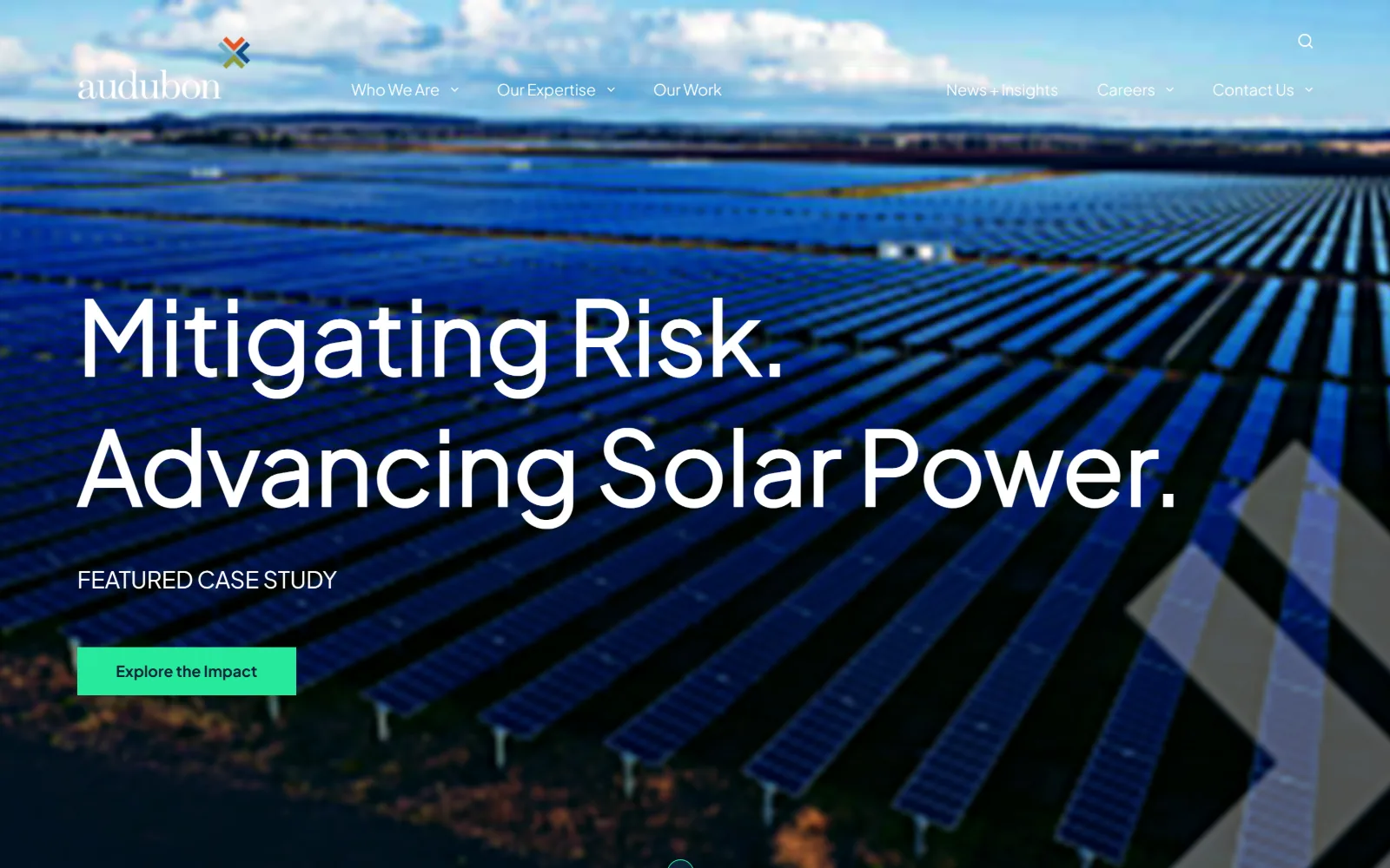 auduboncompanies.com, engineering website design: an aerial photograph of a deep blue solar farm runs full width