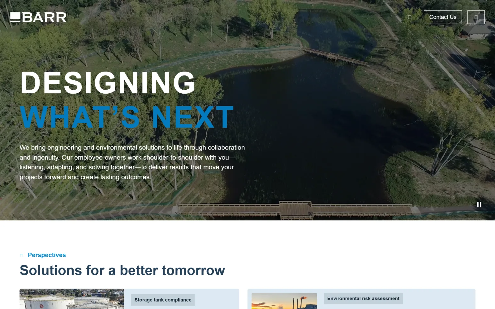 barr.com, engineering website design: a restored pond and boardwalk seen from the air sit behind DESIGNING in white and WHAT'S NEXT
