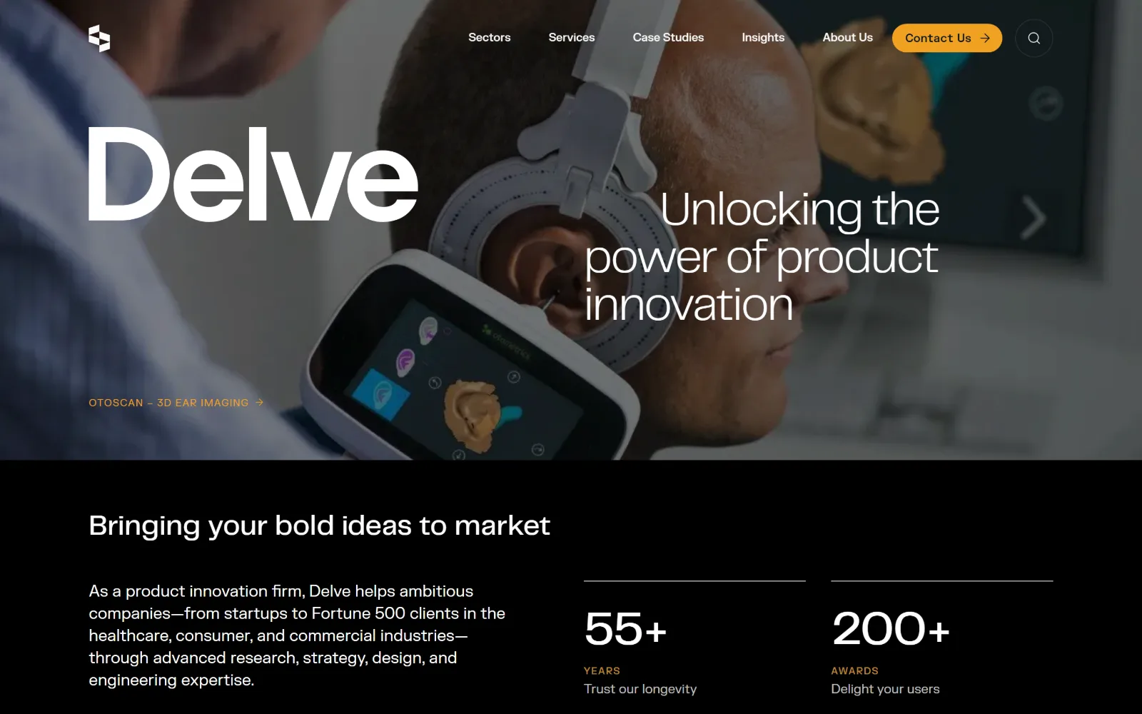 delve.com, engineering website design: a photograph of a man in a 3D ear-scanning headset runs edge to edge