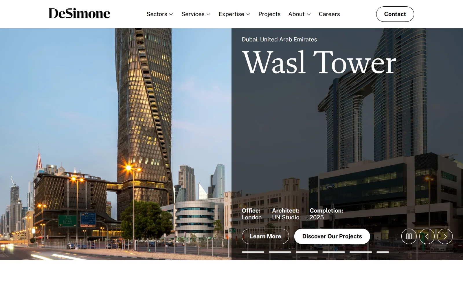 desimone.com, engineering website design: two tower photographs sit side by side under a white header
