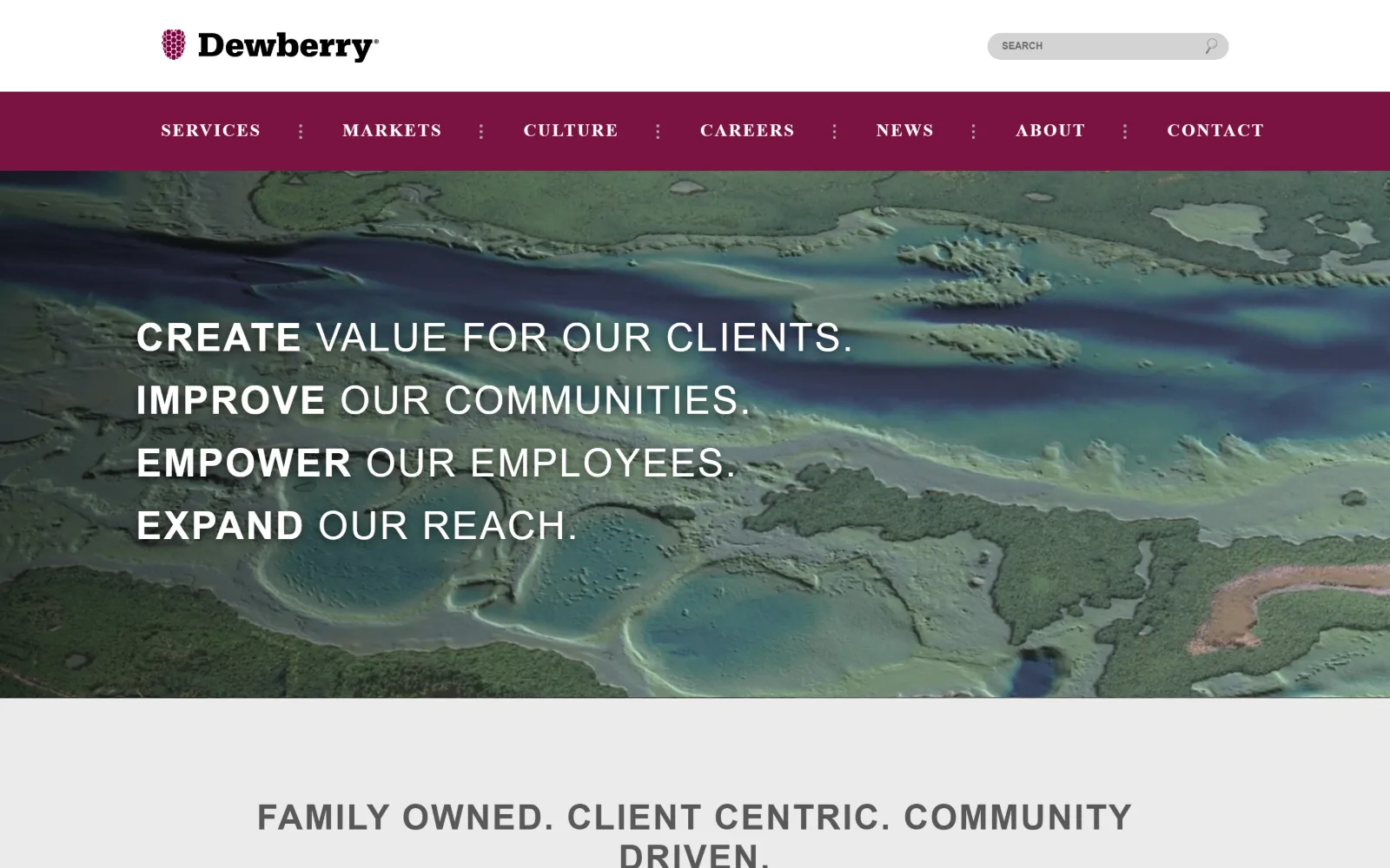dewberry.com, engineering website design: a false-colour aerial survey of a river delta in green and purple sits under a maroon nav bar