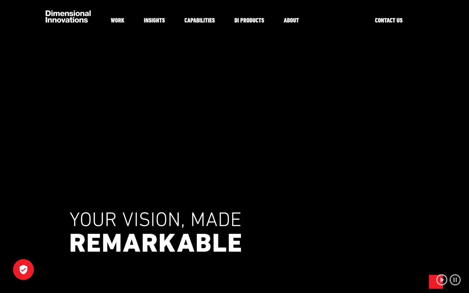 dimin.com, engineering website design: a black field with six nav items in condensed white caps across the top and the words YOUR VISION