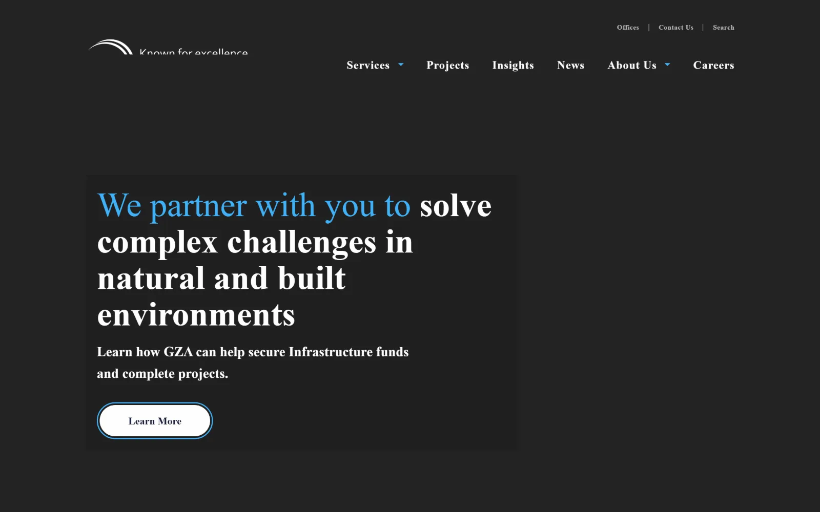 gza.com, engineering website design: four lines of serif headline sit on a near-black ground, the opening clause in bright blue