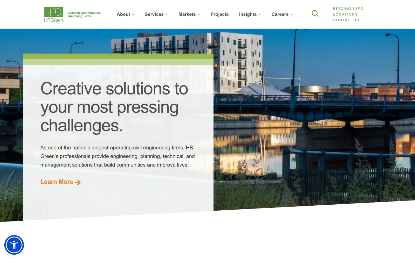 hrgreen.com, engineering website design: a river bridge at dusk sits behind an angled translucent white panel holding a three-line heading