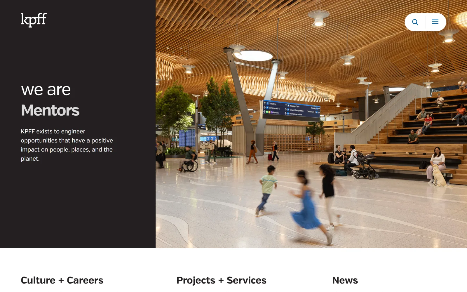 kpff.com, engineering website design: a near-black panel on the left holds the words we are Mentors beside a full-height photograph