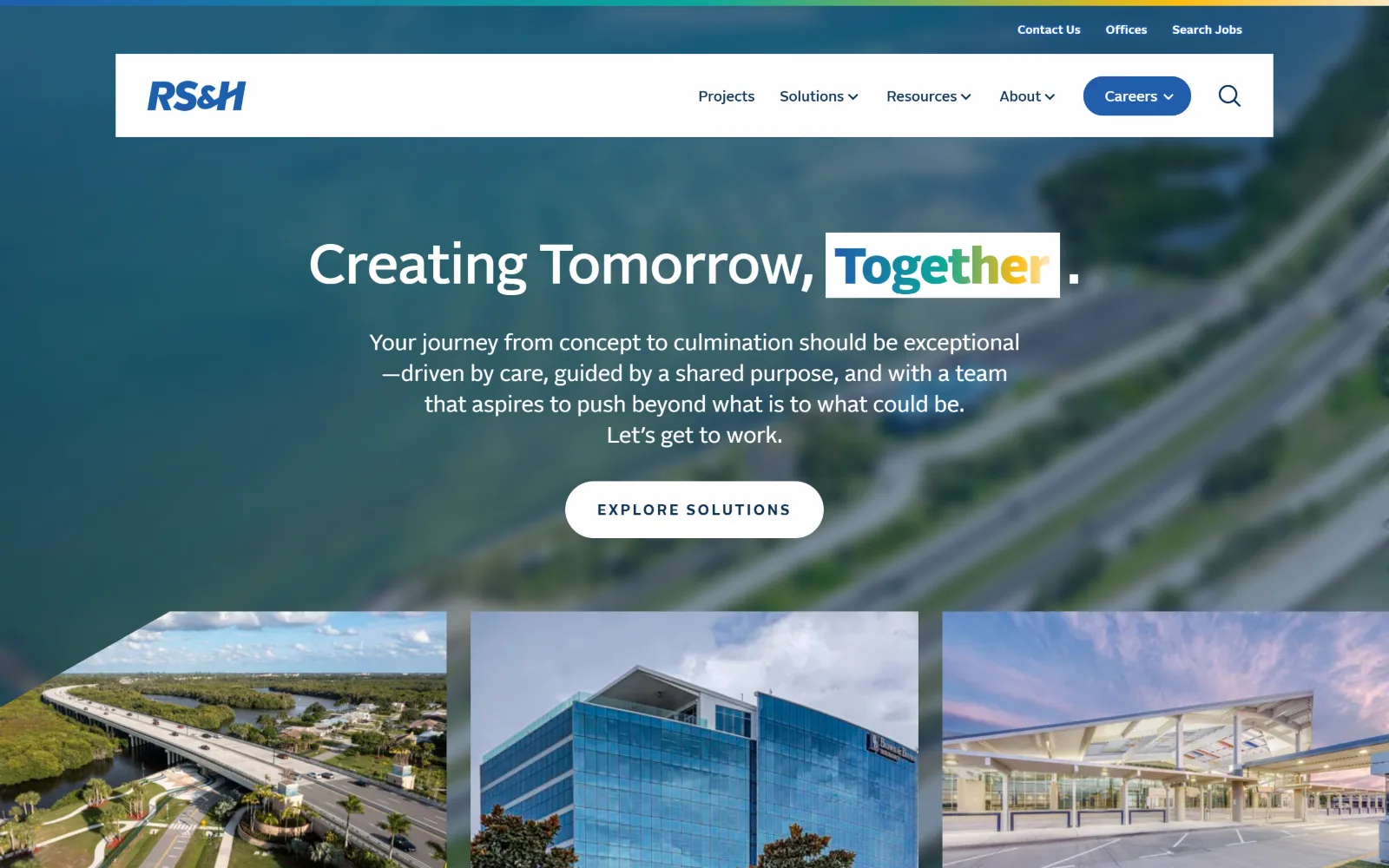 rsandh.com, engineering website design: a blurred aerial of a causeway and interchange sits behind a centred headline where one word is
