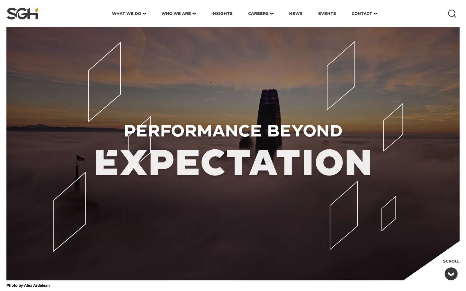 sgh.com, engineering website design: a skyscraper rising out of fog at sunset carries two lines of white uppercase display type