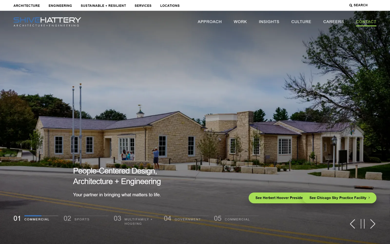 shive-hattery.com, engineering website design: a limestone civic building under grey cloud fills the frame
