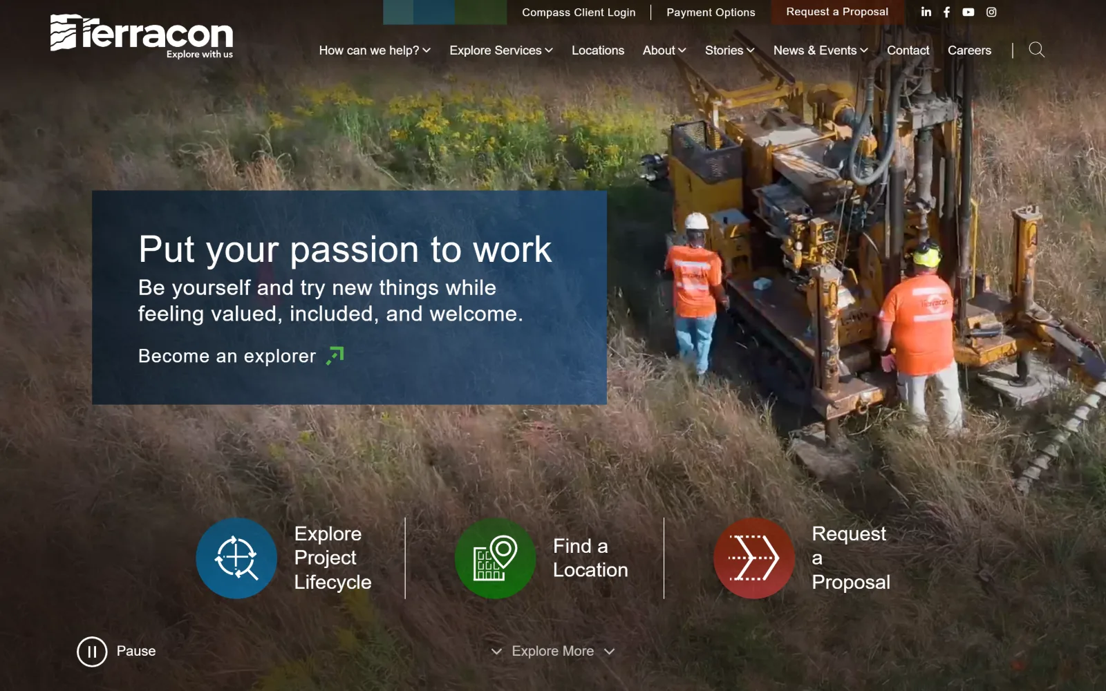 terracon.com, engineering website design: a drilling rig in long autumn grass fills the frame