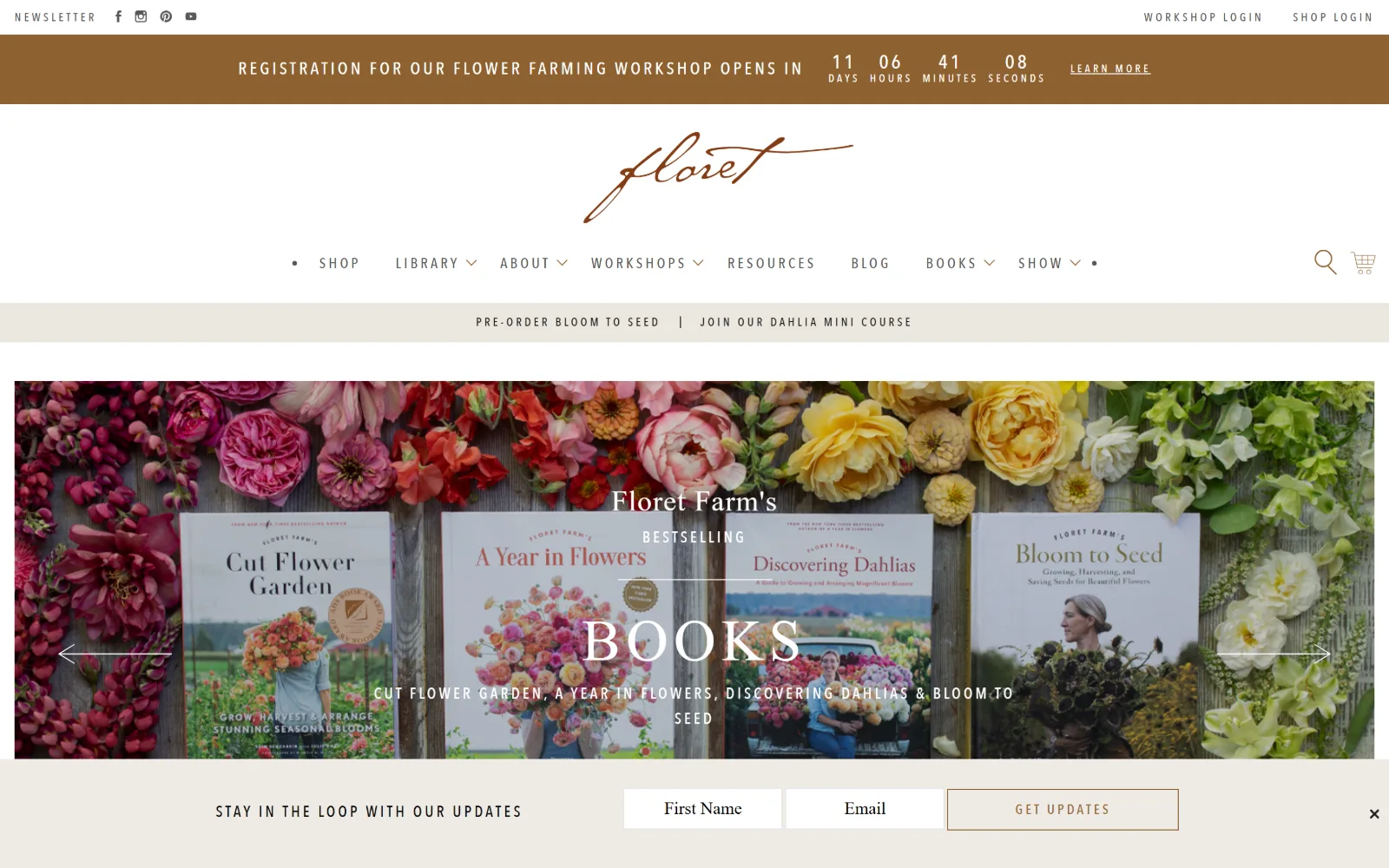 floretflowers.com, florist website design: a live countdown bar sits above a script wordmark, eight nav items