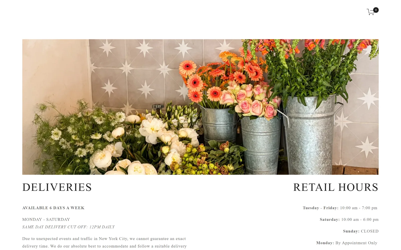 flowergirlnyc.com, florist website design: two serif headings, Deliveries and Retail Hours
