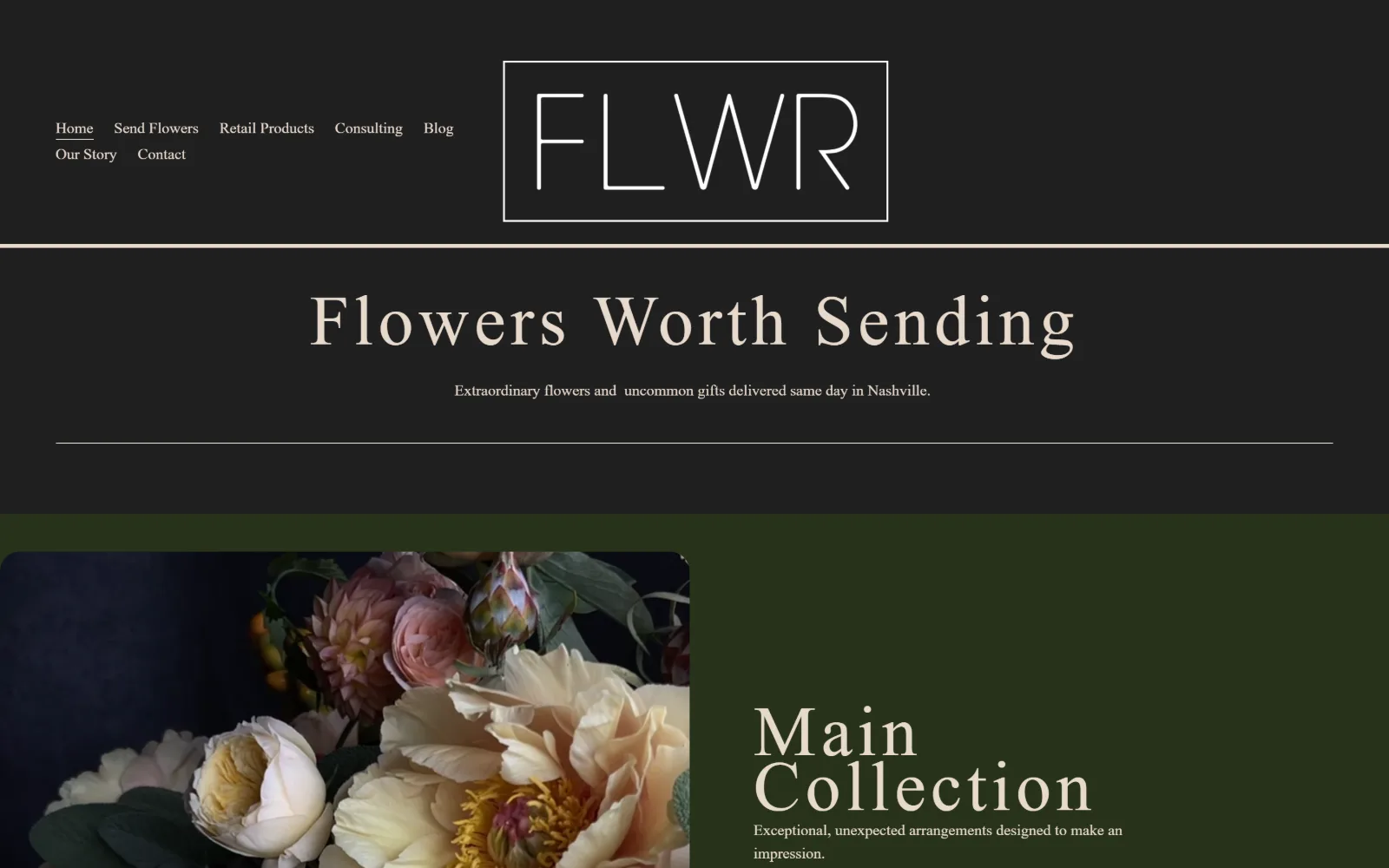 flwrshop.com, florist website design: a near-black screen with FLWR boxed in a thin white rule, Flowers Worth Sending in large cream serif