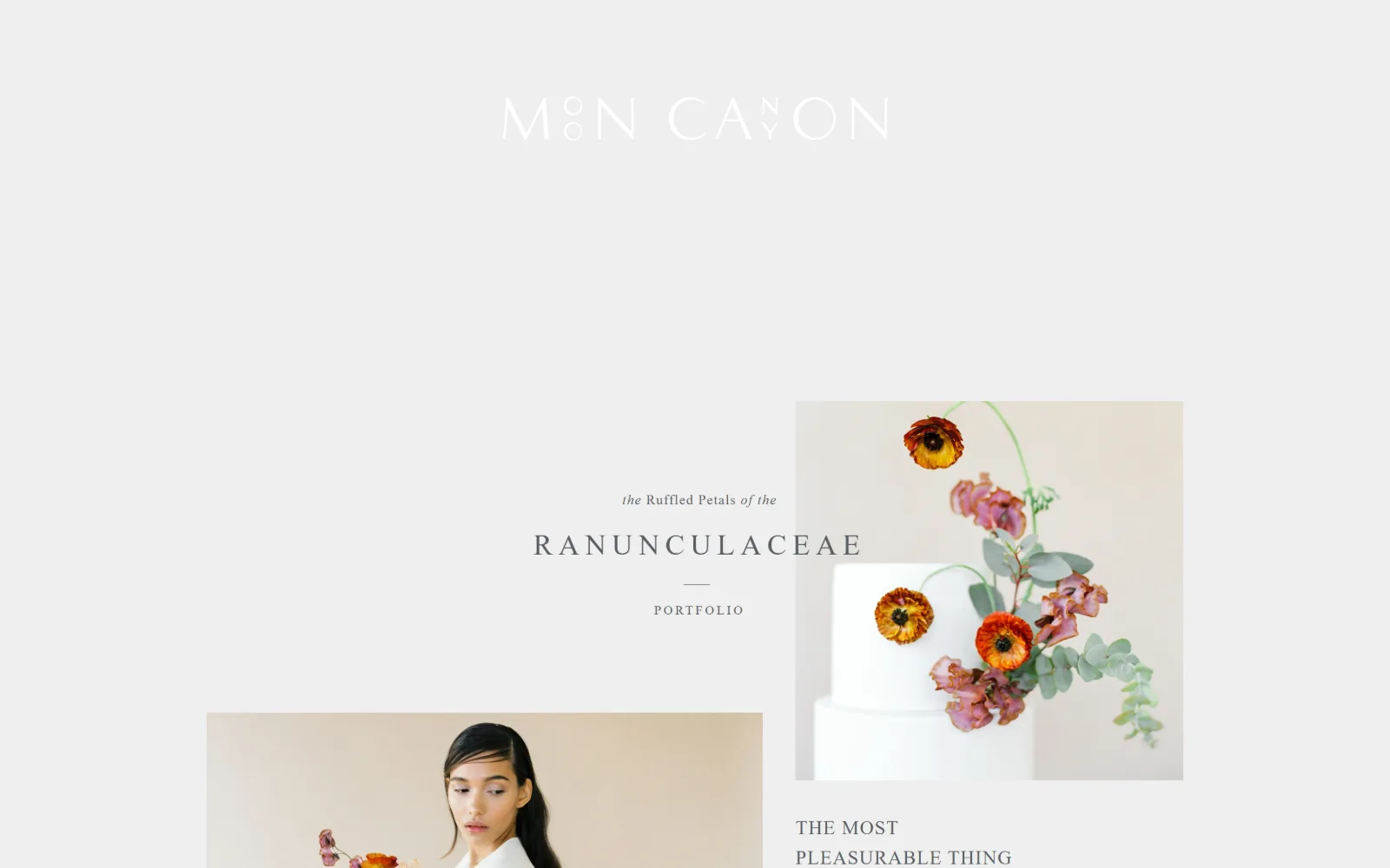 mooncanyondesign.com, florist website design: a near-white page with the wordmark set in white on pale grey