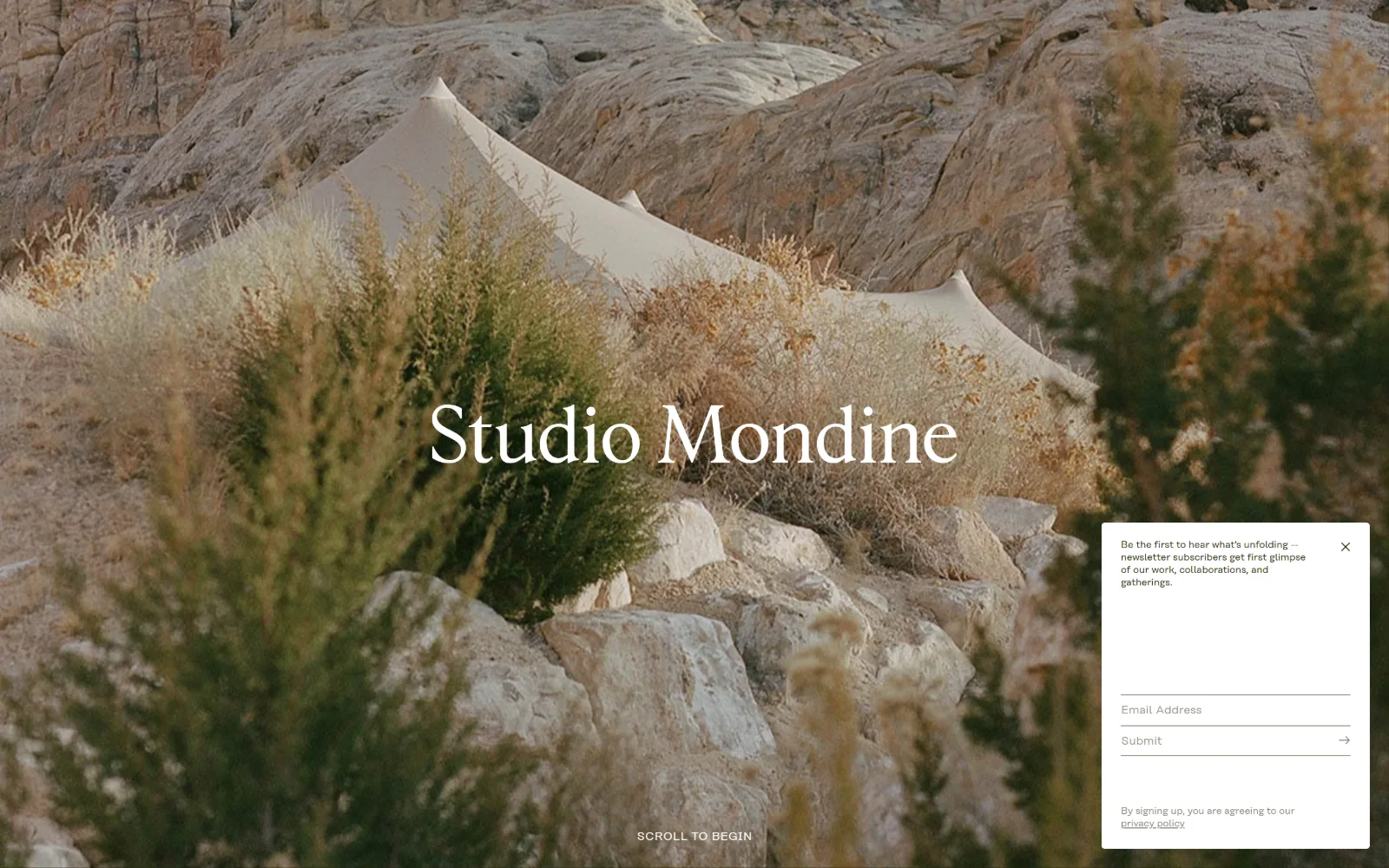 studiomondine.com, florist website design: cream canvas tents pitched among desert boulders and sagebrush fill the frame