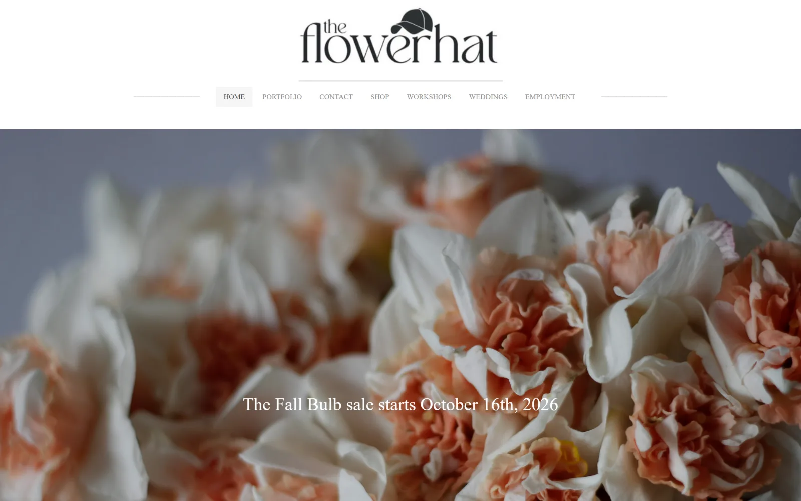 theflowerhat.com, florist website design: a wordmark with a baseball cap perched on the r sits above a centred seven-item nav
