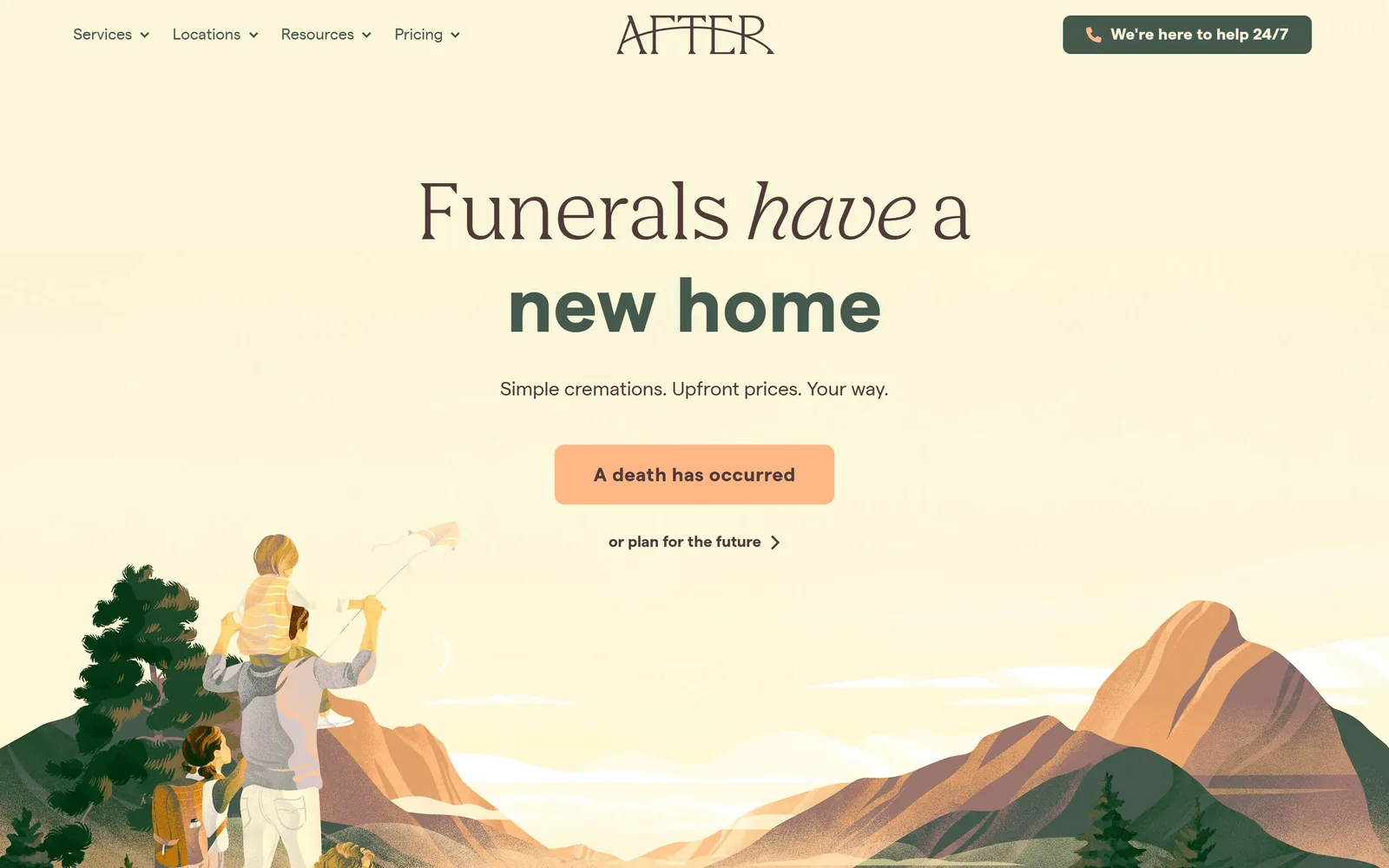 after.com, funeral home website design: a pale yellow page with a drawn mountain scene rising from the bottom and a peach button