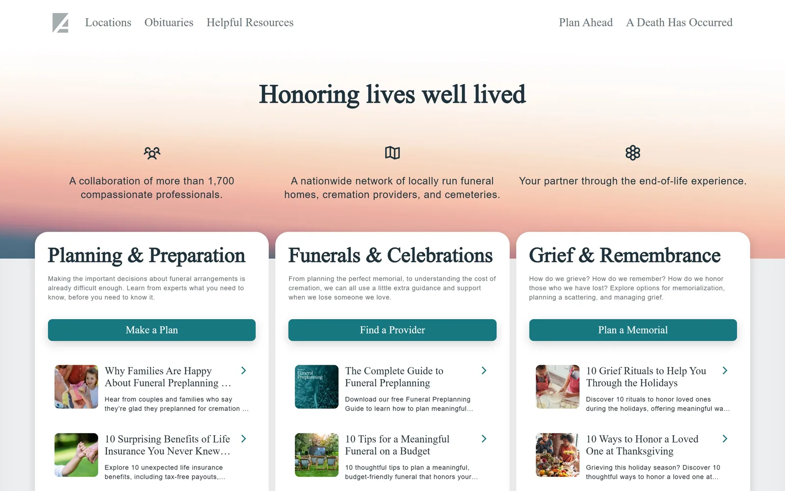 altogetherfuneral.com, funeral home website design: a blurred sunset gradient behind a slab-serif headline