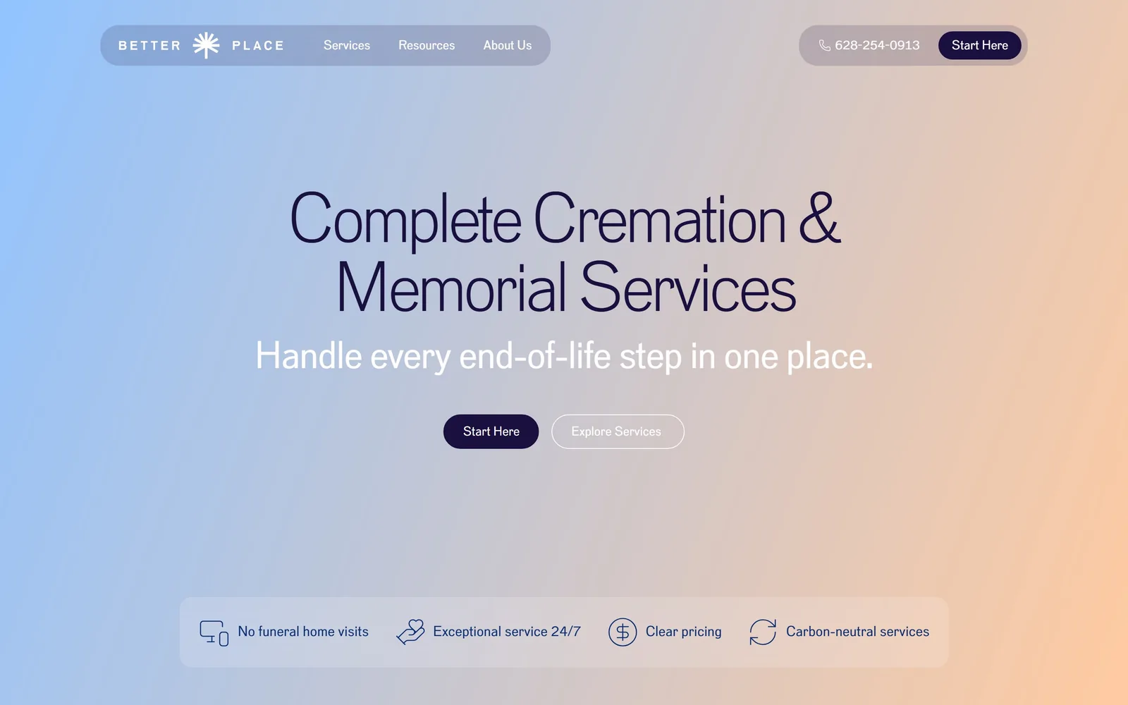 better-place.com, funeral home website design: a blue to peach gradient fills the screen behind thin navy type, two pill buttons