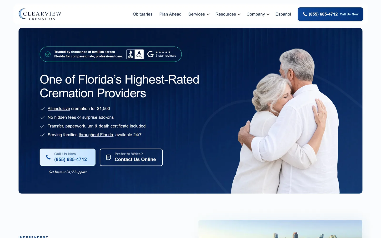 clearviewcremation.com, funeral home website design: a rounded navy panel holds the headline, four ticked promises and two buttons