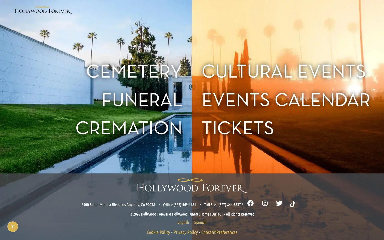 hollywoodforever.com, funeral home website design: the screen splits into a blue-toned cemetery photo and an orange-toned sunset