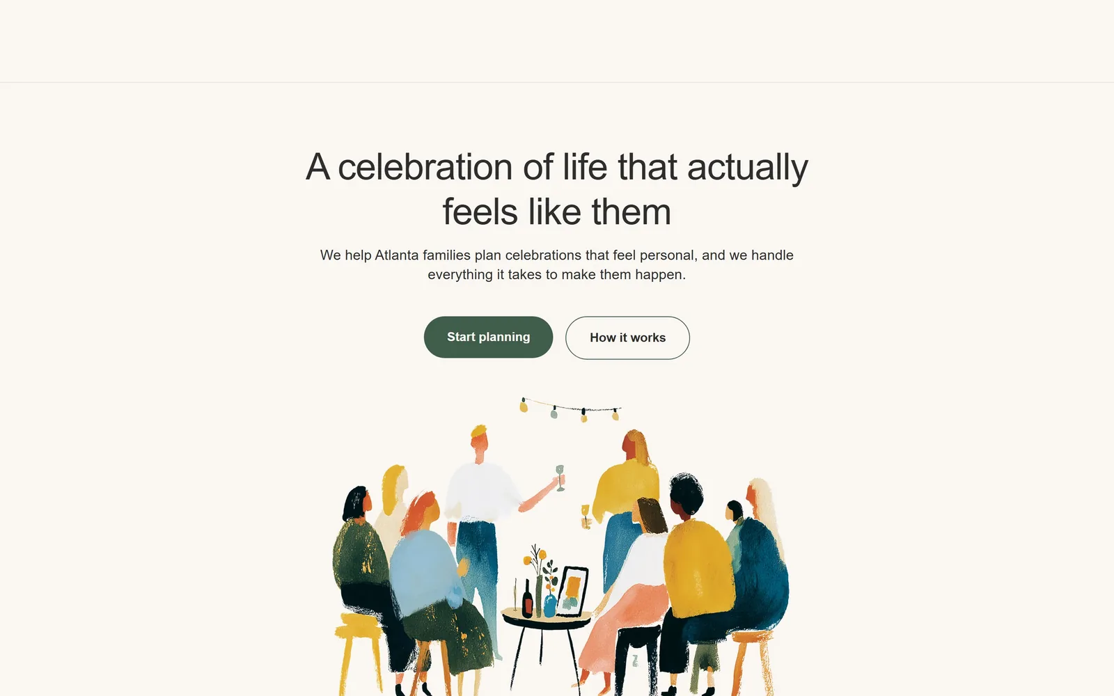 januarymemorials.com, funeral home website design: a gouache illustration of guests raising glasses sits under a centred grotesk headline