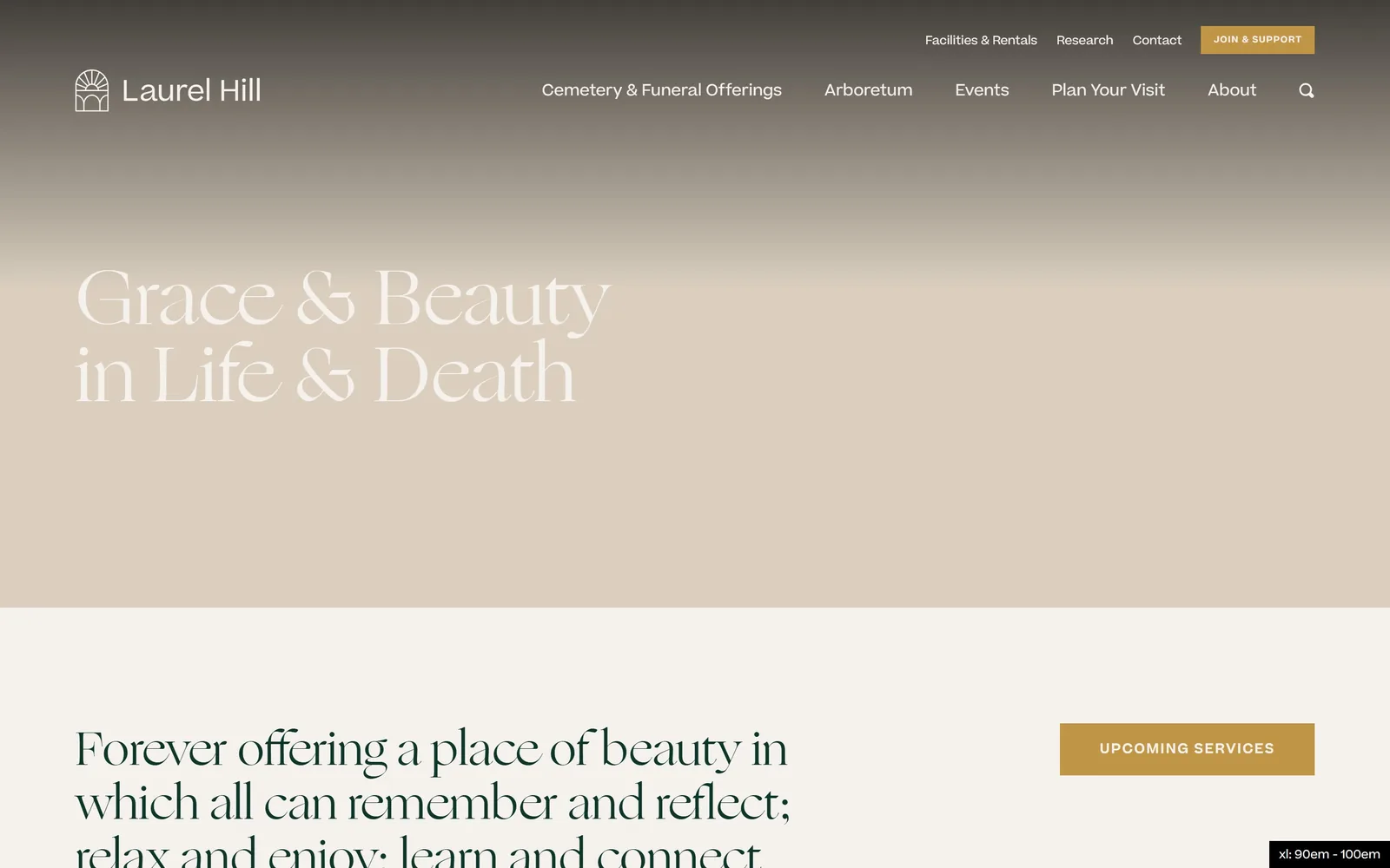 laurelhillphl.com, funeral home website design: grace & Beauty in Life & Death set in a huge pale display serif over a charcoal to sand