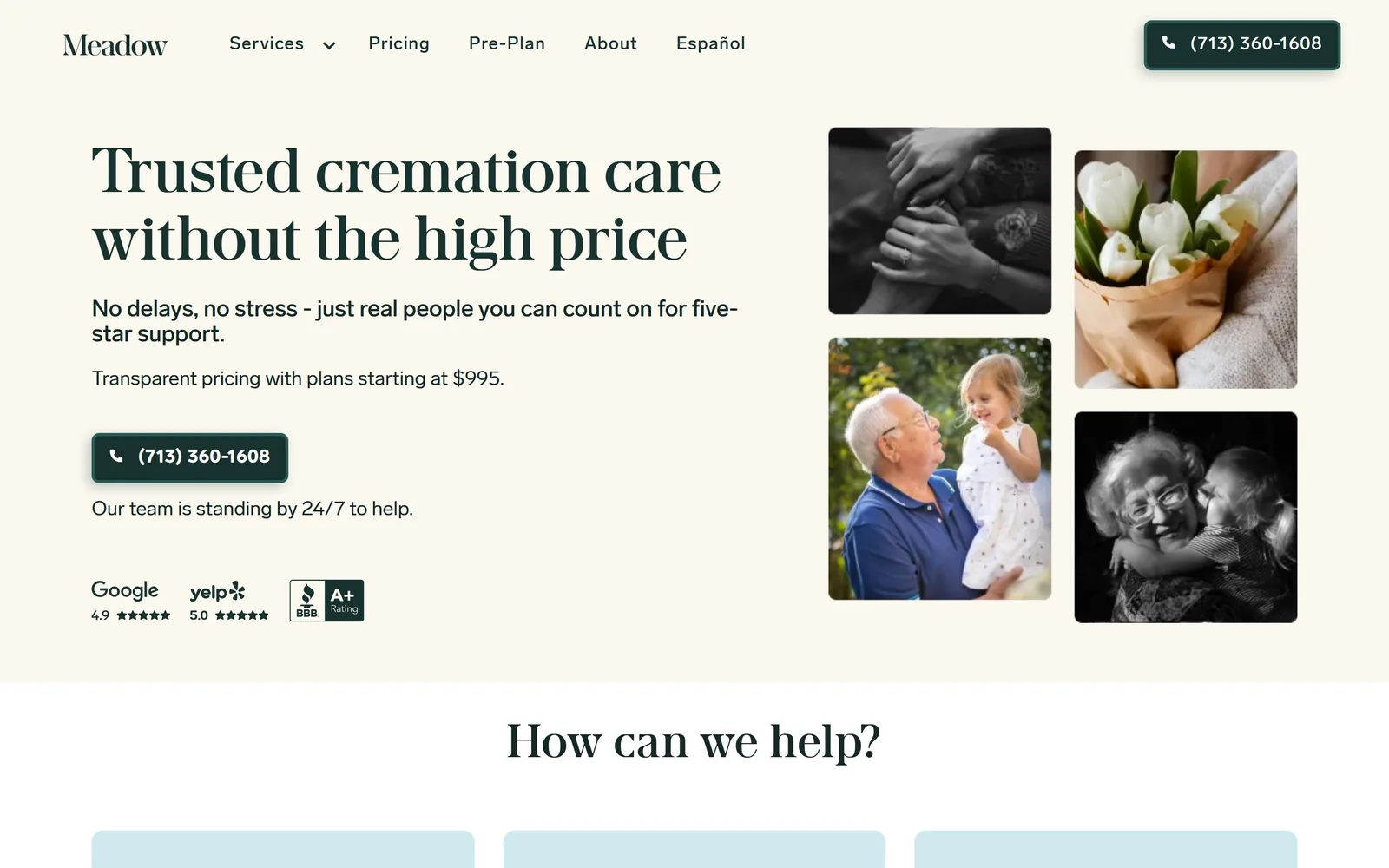 meadowmemorials.com, funeral home website design: left column of dark green type and a phone button