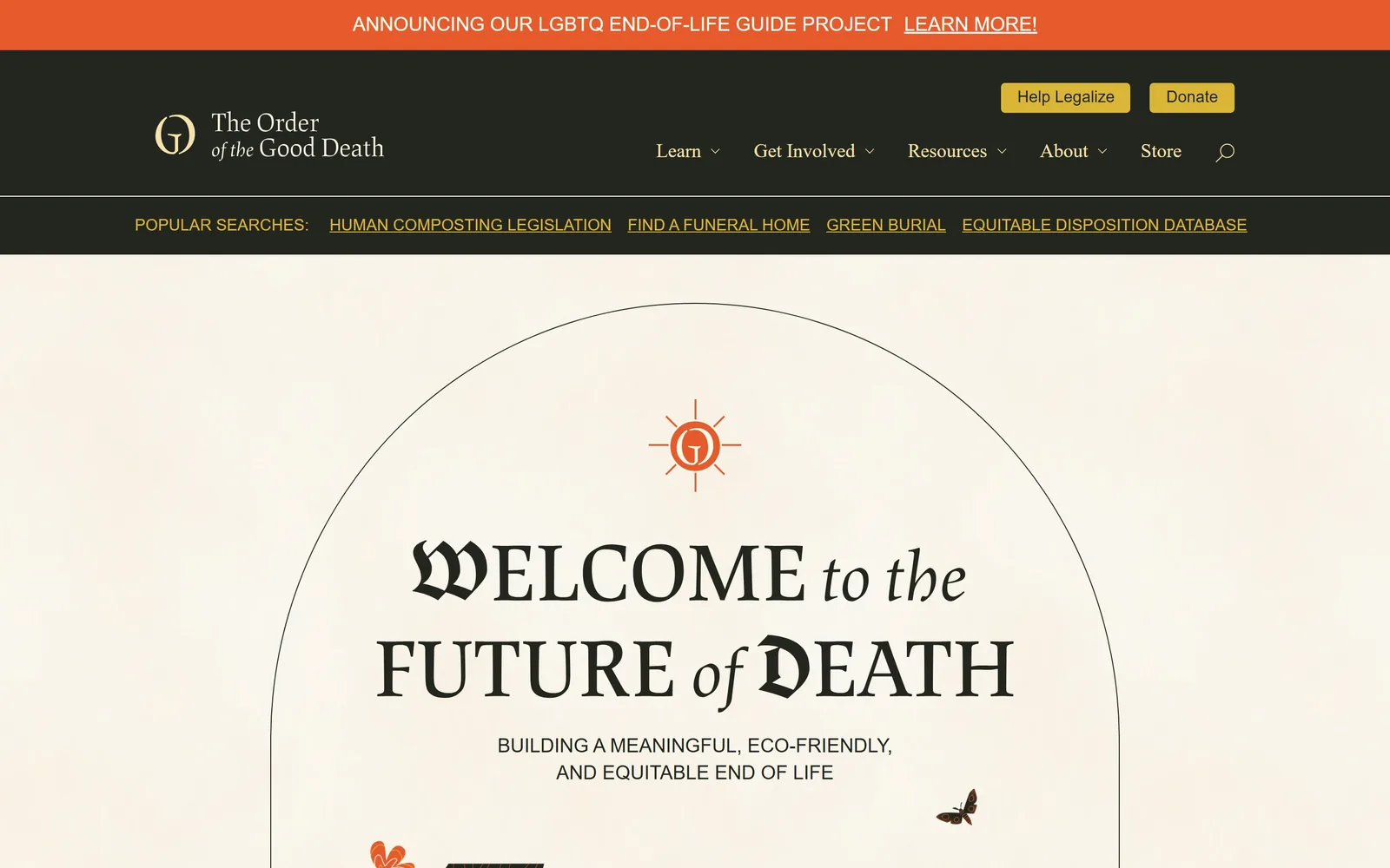orderofthegooddeath.com, funeral home website design: a blackletter and serif headline sits inside a thin arch outline on textured paper