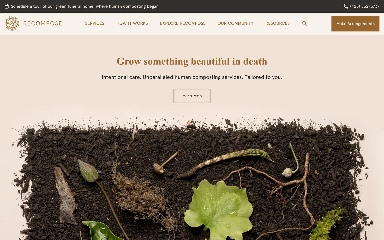 recompose.life, funeral home website design: a wide overhead photograph of dark soil