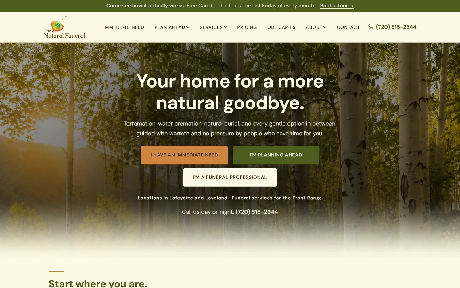 thenaturalfuneral.com, funeral home website design: aspen trunks fill the hero behind a cream headline and three stacked buttons that sort