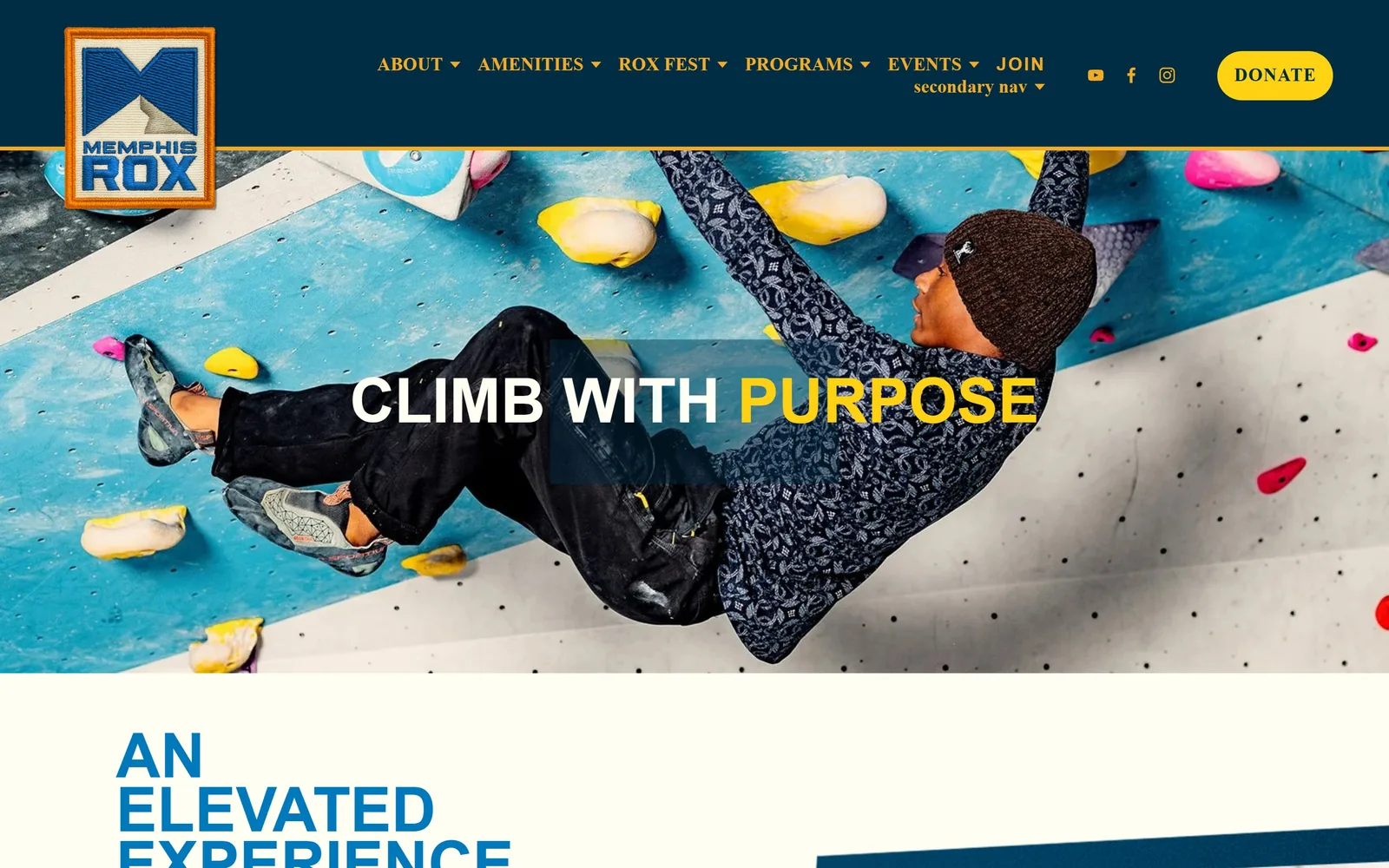 memphisrox.com, gym website design: navy bar and embroidered patch logo over a climber on a blue wall