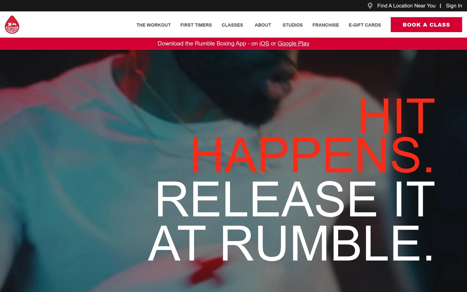 rumbleboxinggym.com, gym website design: teal and magenta graded footage of a boxer, with 150px type right-aligned over it