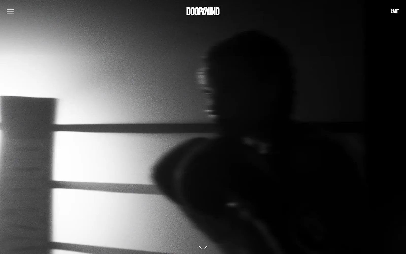 thedogpound.com, gym website design: grainy black and white footage of a boxer in a ring, with only a wordmark, a hamburger