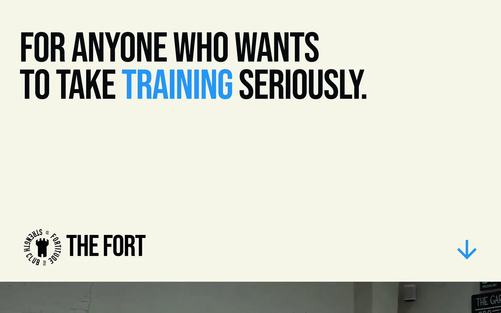 thefortnyc.com, gym website design: two lines of 120px condensed caps on a pale ground, one word in blue