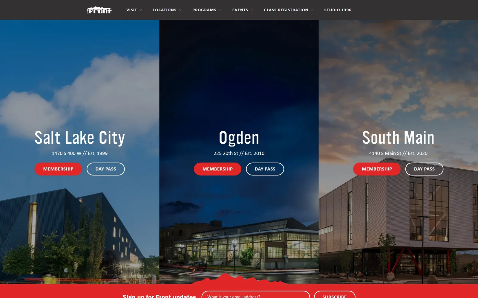 thefrontclimbingclub.com, gym website design: three floor-to-ceiling panels, one per Utah gym, each with its own sky