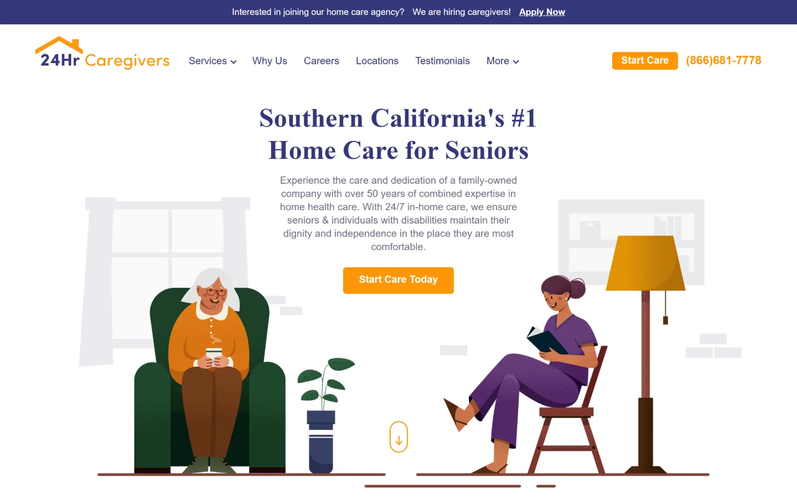 24hourcaregivers.com, home care website design: a centred indigo serif headline over white