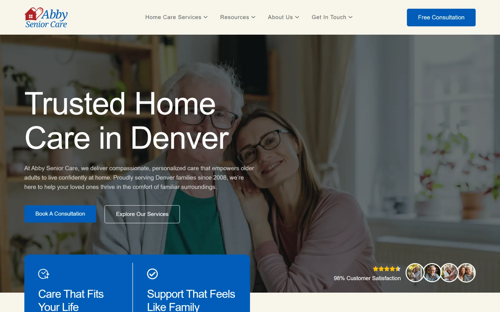 abbyseniorcare.com, home care website design: a very large white headline over a dimmed photo of an older man and a woman leaning together
