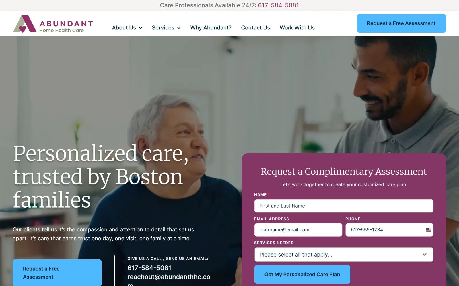 abundanthomehealthcare.com, home care website design: a light serif headline in white over a dimmed photo of two people talking at home
