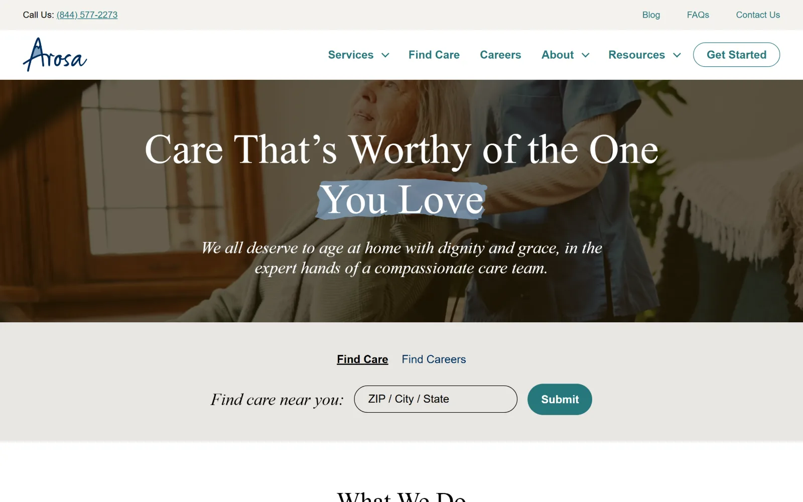 arosacare.com, home care website design: a serif headline in white across a dimmed photo of a carer standing behind a seated older woman