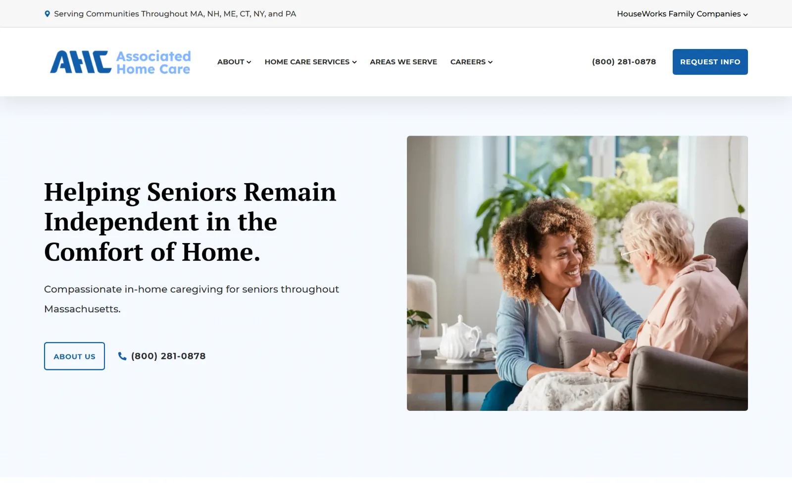 associatedhomecare.com, home care website design: a black serif headline at left on a pale blue gradient